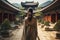 Timeless Elegance: Hanbok-Clad Woman in Ancient Temple Courtyard