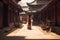 Timeless Elegance: Hanbok-Clad Woman in Ancient Temple Courtyard