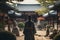 Timeless Elegance: Hanbok-Clad Woman in Ancient Temple Courtyard