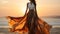 Timeless Grace: Beautiful Woman In Chiffon Long Dress Walking On Beach At Sunrise