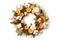 A timeless holiday composition of dried orange segments fragrant star anise and white flowers in festive wreath decor on top view