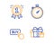 Timer, Buy button and Reward icons set. Holiday presents sign. Stopwatch gadget, Online shopping, First place. Vector