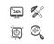 Timer, Hammer tool and 24h service icons. Search text sign. Time management, Repair screwdriver, Call support. Vector