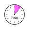 Timer icon with 7 minute time interval. Countdown clock or stopwatch symbol. Infographic element for cooking preparing