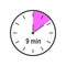Timer icon with 9 minute time interval. Countdown clock or stopwatch symbol. Infographic element for cooking preparing