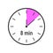 Timer icons with 8 minute time interval. Countdown clock or stopwatch symbol. Infographic element for cooking preparing