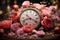 Timeresetting clock surrounded by delicate Ranunculus blooms on rustic table