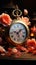 Timeresetting clock surrounded by delicate Ranunculus blooms on rustic table