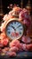 Timeresetting clock surrounded by delicate Ranunculus blooms on rustic table