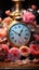 Timeresetting clock surrounded by delicate Ranunculus blooms on rustic table