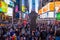 Times Square crowds and traffic at night. The site is regarded as the world`s most visited tourist attraction with nearly 40