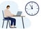 Timing concept in work or training. Illustration of a man in a workspace with a laptop