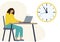 Timing concept in work or training. Illustration of a woman in a workspace with a laptop