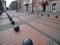 Timisoara / Romania - October 12, 2019: Rails of a tram line on the cobblestone square of an old European city. Ball-shaped