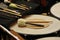 Timpani and different sizes of timpani mallets, drum brushes and maracas.