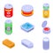 Tin can icons set, isometric style