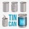 Tin can line style art set transparent background. Tin can, canned food realistic vector package mockup,open and closed