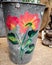 Tin Pail with Painted Flowers and Leaves