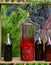 Tincture bottles of lemon, currant, berries and rowanberries. Herbal medicine. Spirits, wine and liqueur