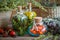 Tincture bottles of tansy, tarragon and rowanberries