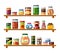 Tinned food on shelves illustration. Soup and corn sealed in cans farmers mushroom and tomato preparations for long term
