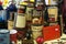 Tins and containers of antique food and beverage products are on display for the public.