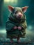Tiny adorable piglet dressed in a warm overcoat standing outdoors on cold weather. AI-generated