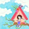 Tiny bird house illustration on tree branch for Spring season celebration greeting card.