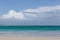 Tiny birds on white sand at beautiful ocean beach under white clouds with copy space.