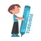 Tiny Boy Drawing with Huge Turquoise Pencil, Cute Boy Holding Large Crayon Cartoon Style Vector Illustration