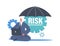 Tiny Businessman Character Working on Laptop under Huge Umbrella with Cogwheels. Trader Minimize Risks, Analyse Market