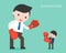 Tiny businessman fighting with giant business woman by boxing, a