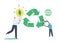 Tiny Businessman with Huge Light Bulb and Green Leaf, Man Click on Recycling Sign. Ecology Refresh and Renew Concept