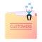 Tiny Character Sit on Huge Folder with Customers Base and Icons of Thumb Up around. Database of Clients, Loyalty Program