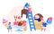Tiny Characters on Ladders Decorate Ice Cream. Summer Time Food, Delicious Sweet Dessert, Cold Meal