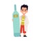 Tiny child boy doctor with giant thermometer, flat vector illustration isolated.