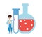 Tiny child with chemical laboratory tubes, flat vector illustration isolated.