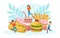 Tiny Children Having Fun with Fast Food, Boys and Girls Eating Junk Food Vector Illustration