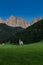 Tiny Church of San Giovanni in South Tyrolâ€™s Val di Funes in front of Dolomite mountain, Italy