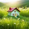 Tiny cute toy house deep in the grass in the Close up with depth of