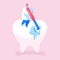 Tiny Dentist Doctor Character Cleaning or Polishing of Huge Tooth with Rolling Brush. Stomatology Clinic Care Service