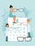 Tiny doctor character male female sitting eye test, woman man hold medical glasses flat vector illustration. Design