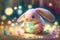 Tiny easter bunny with glowing easter eggs