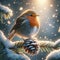 A Tiny European Robin Perched on a Snow Covered Tree Branch during a Winter Snowstorm AI Generated