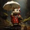 Tiny Explorer: Adorable Mouse with Umbrella on Rainy Day in Enchanted Forest