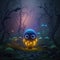 Tiny fairy creature in a magical fairy-tale forest. generative ai. Cute monster in the foggy forest. Little magical creature with