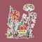 Tiny fairy house under big beautiful flowers. Colorful sticker for children.