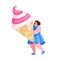 Tiny Female Character Carry Huge Fruit Ice Cream in Waffle Cone. Summer Time Food, Delicious Sweet Dessert