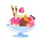 Tiny Female Character Decorate Ice Cream with Sweets, Fruits and Berries Sitting on Huge Bowl. Delicious Sweet Dessert