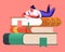 Tiny Female Character Enthusiastically Reading Lying on Huge Book Pile. Young Woman Student or Bookworm
